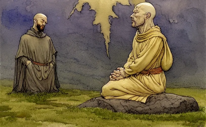 Image similar to a hyperrealist watercolour character concept art portrait of one small grey medieval monk kneeling in prayer. a giant flat rock floats in the air above him. it is a misty night. by rebecca guay, michael kaluta, charles vess and jean moebius giraud