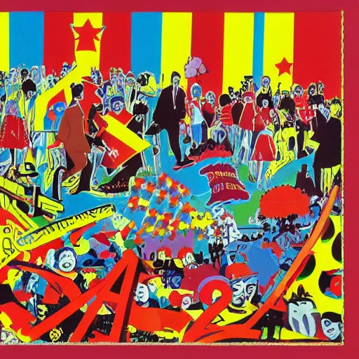 Prompt: a communist revolution in Candy Land, 1960s illustration, high quality, collage in the style of Klaus Voormann and Andy Warhol, album cover