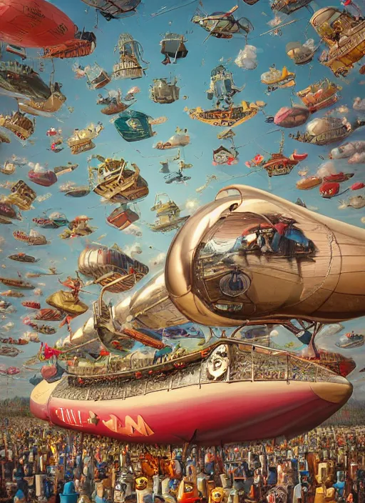 Prompt: wide - angle portrait of tin toy airship parade, depth of field, zeiss lens, detailed, symmetrical, centered, fashion photoshoot, by nicoletta ceccoli, mark ryden, lostfish, earl nore, hyung tae, frank frazetta, breathtaking, 8 k resolution, extremely detailed, beautiful, establishing shot, artistic, hyperrealistic, octane render