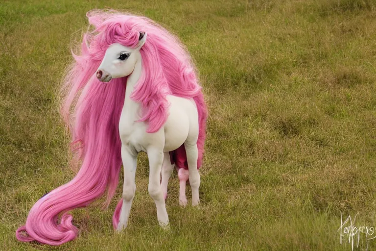 Image similar to Pinkie Pie equine, back towards camera, facing away, professional photography and mood lighting, equine photo, sitting down, flowing mane and tail, relaxed expression