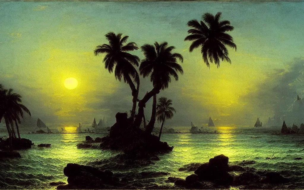 Image similar to a beautiful view of a tropical seascape, the sun is setting in the background, magical, stunning, art by caspar david friedrich and asher brown durand and peder balke, intricate details, trending on artstationhq and wikiart