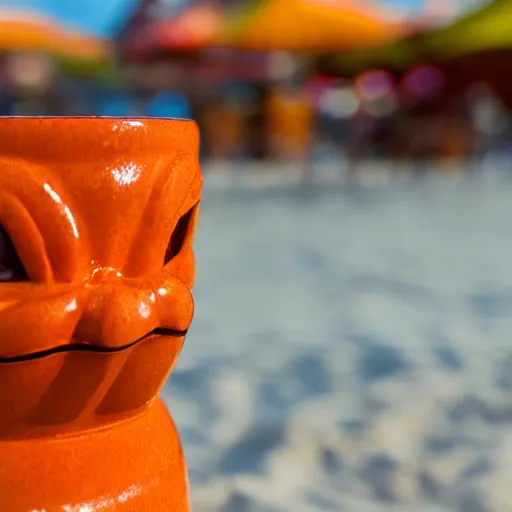 Image similar to a closeup photorealistic photograph of a glossy orange cat garfield style tiki mug sitting at a trader vic's beach bar featuring garfield's face. tiki theme. bright scene. fine detail. this 4 k hd image is trending on artstation, featured on behance, well - rendered, extra crisp, features intricate detail, epic composition and the style of unreal engine.