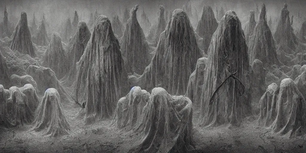 Image similar to an ultra detailed hellscape with ominous robed figures, art by beksinski