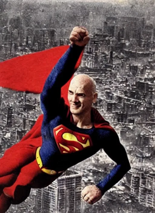 Image similar to “Close-up of very old and tired and bald Superman flying over destroyed city. Newspaper photo.”