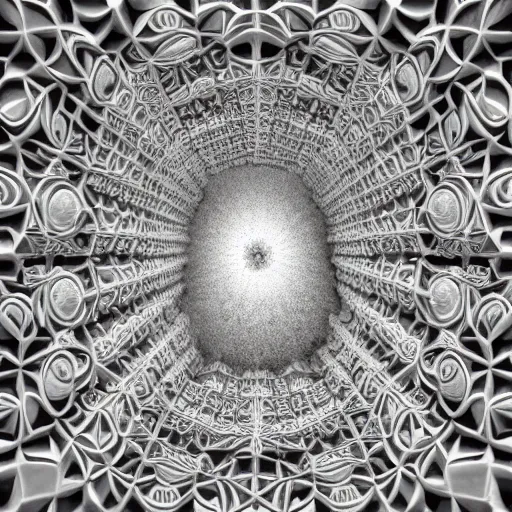 Prompt: a fish eye photograph of a massive mandelbrot fractal cathedral interior carved out of ivory and populated entirely by mandelbrot fractals, carved ivory, carved soap, carved stone, white color scheme, opalescent, hyperrealistic, octane render, catholicpunk, angelic, fractals, photorealism