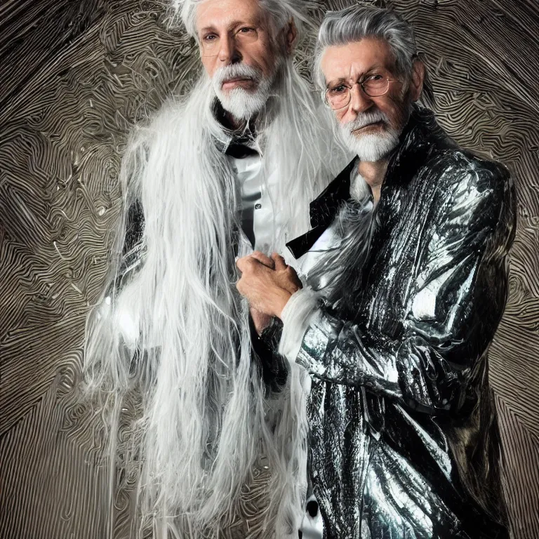 Image similar to high fashion photoshoot octane render portrait by wayne barlow and carlo crivelli and glenn fabry, a distinguished sci - fi futuristic wizard with a long white beard wearing a clear plastic iridescent jacket and holding a magical adorable critter while standing inside a futuristic beautiful boutique fantasy hotel lobby, very short depth of field, bokeh