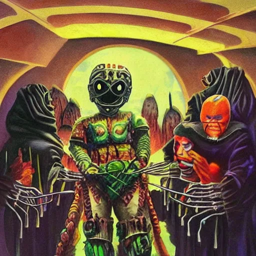 Prompt: beautiful lifelike painting of mf doom as king ghidora being taken to your leader, hyperreal detailed facial features and uv lighting, art by ed roth and basil wolverton