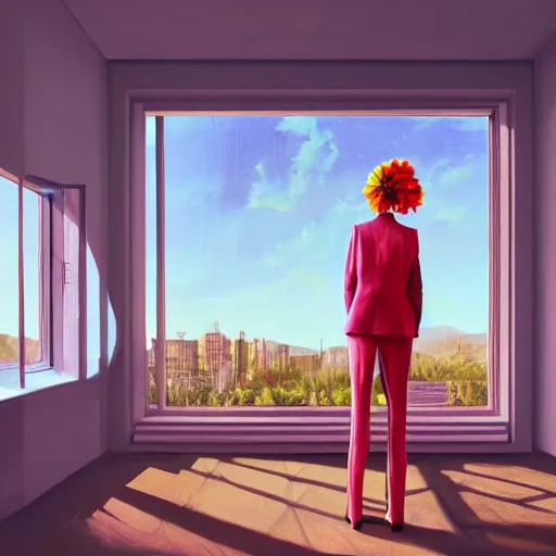 Image similar to huge dahlie flower head, woman in suit, standing by modern window in luxury apartment, surreal photography, sunlight, impressionist painting, digital painting, artstation, simon stalenhag