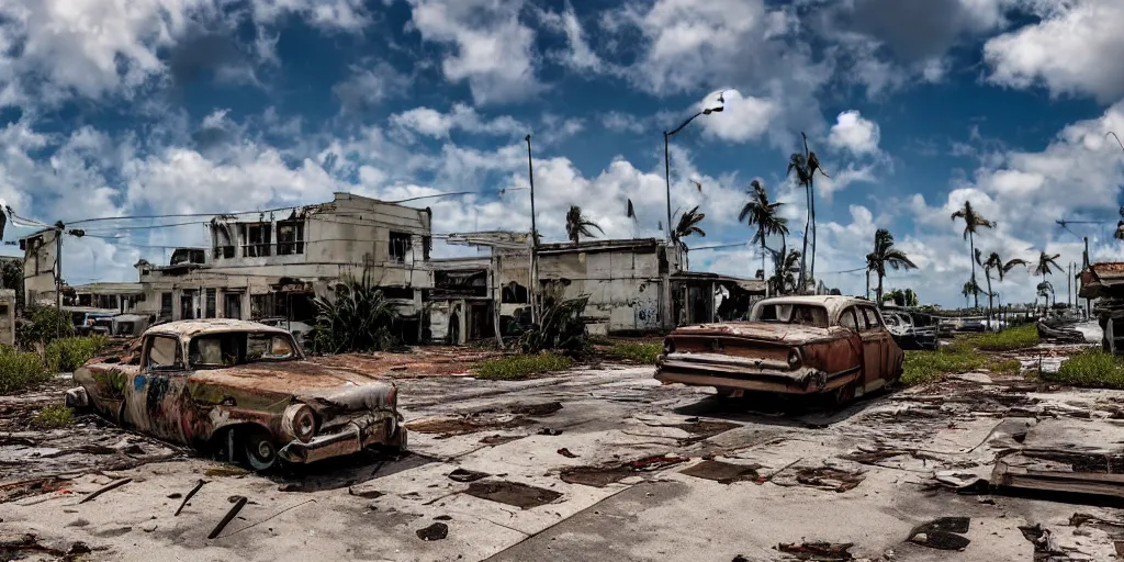 Image similar to wide angle shot of dilapidated fallout 5 miami, tropical coastal city in real life, desolate, dilapidated, some rusted retro futuristic vintage parked vehicles like cars, buses, trucks, trams, sunny weather, few clouds, volumetric lighting, photorealistic, daytime, spring, sharp focus, ultra detailed,