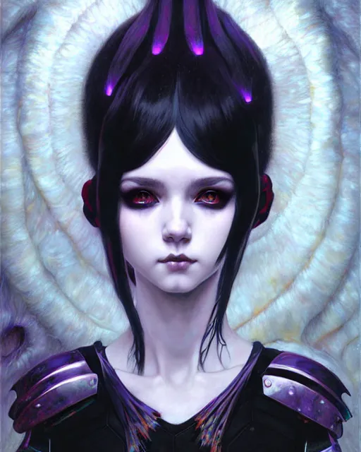 Image similar to portrait of beautiful cute young goth girl with short white hairs in warhammer armor, art by ( ( ( kuvshinov ilya ) ) ) and wayne barlowe and gustav klimt and artgerm and wlop