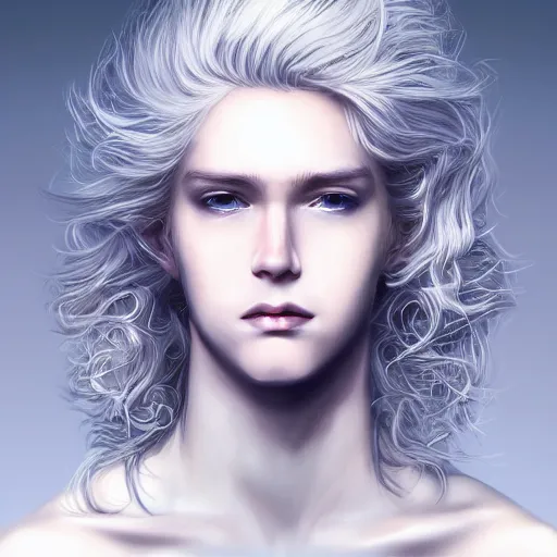 Image similar to Portrait of an androgynous blond prince in a beautiful world, pale milky white skin and long fluffy curly blond hair, intricate, elegant, fantasy, highly detailed, digital painting, concept art, Junji Ito, sharp focus, illustration, beautiful volumetric lighting, epic light, artstation, magic hour lighting, colorful, sunshine, springtime, art by Sylvain Sarrailh