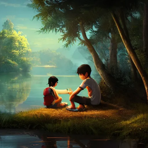 Image similar to a silver dragon and a boy sitting together next to a lake watching firefly at night in forest, concept art, dof, cryengine, digital art, detailed background, makoto shinkai