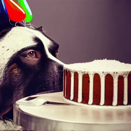 Image similar to large dog eating a birthday cake, photorealistic, 3 5 degree shot, movie still