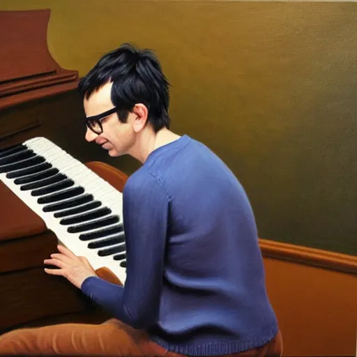 Image similar to An Oil Painting of the back view of Rivers Cuomo in a sweater with long hair and a mustache masterfully playing the piano, hyperrealistic, extremely realistic, highly realistic, HD Quality, 4k resolution, 8k resolution, Detailed, Very Detailed, Highly Detailed, Extremely Detailed, Intricate Details, Real, Very Real, Oil Painting, Digital Painting, Painting, Trending on Deviantart, Trending on Artstation