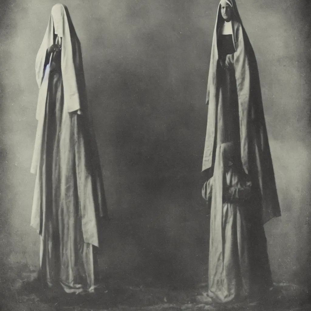 Image similar to old victorian era photograph of a very very tall mysterious nun, amazing depth, cinematic lighting.