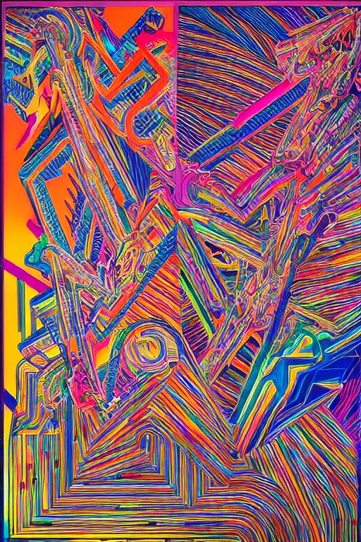 Image similar to volcano made out of colorful generative synthwave art, neon, contemporary, integral painting, by frank stella, by william weege, by eduardo paolozzi