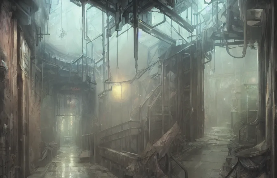 Image similar to a hyper detailed background of an anime school hallway, by dorian cleavenger, greg rutkowski, wlop, astri lohne, zdzisław beksinski trending on artstation