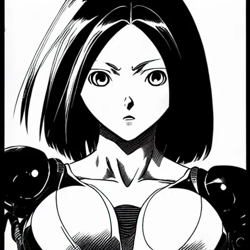 Image similar to alita by yukito kishiro. medium shot. black and white manga. pencil drawing. high detailed face