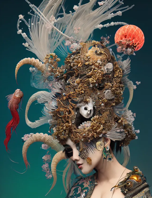 Image similar to 3 d goddess bottom - up with ram skull. beautiful intricately detailed japanese crow kitsune mask and clasical japanese kimono. betta fish, jellyfish phoenix, bio luminescent, plasma, ice, water, wind, creature, artwork by tooth wu and wlop and beeple and greg rutkowski