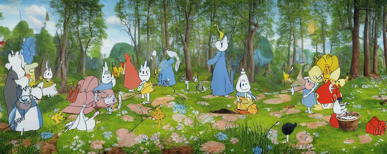 Image similar to the moomins in moominvalley, bosch painting, very detailed!, high quality, 4 k