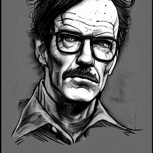 Prompt: beautiful portrait commission of a handsome Bryan Cranston casual clothes in a vintage gothic style. black hair. pale skin, black makeup. character design by ralph steadman, detailed, inked, western comic book art