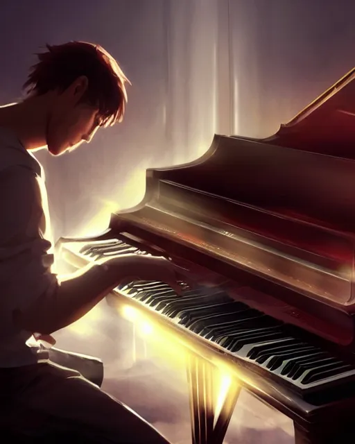 Prompt: a man fused with a piano instrument machine, detailed, cell shaded, 4 k, warm colours, concept art, by wlop, ilya kuvshinov, artgerm, krenz cushart, greg rutkowski, pixiv. cinematic dramatic atmosphere, sharp focus, volumetric lighting, cinematic lighting, studio quality