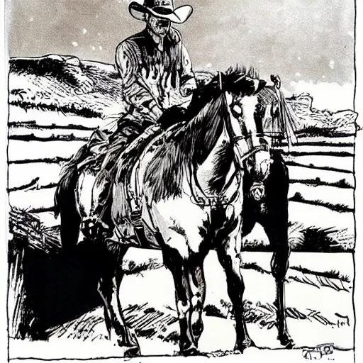 Image similar to a cowboy and his horse by sergio toppi