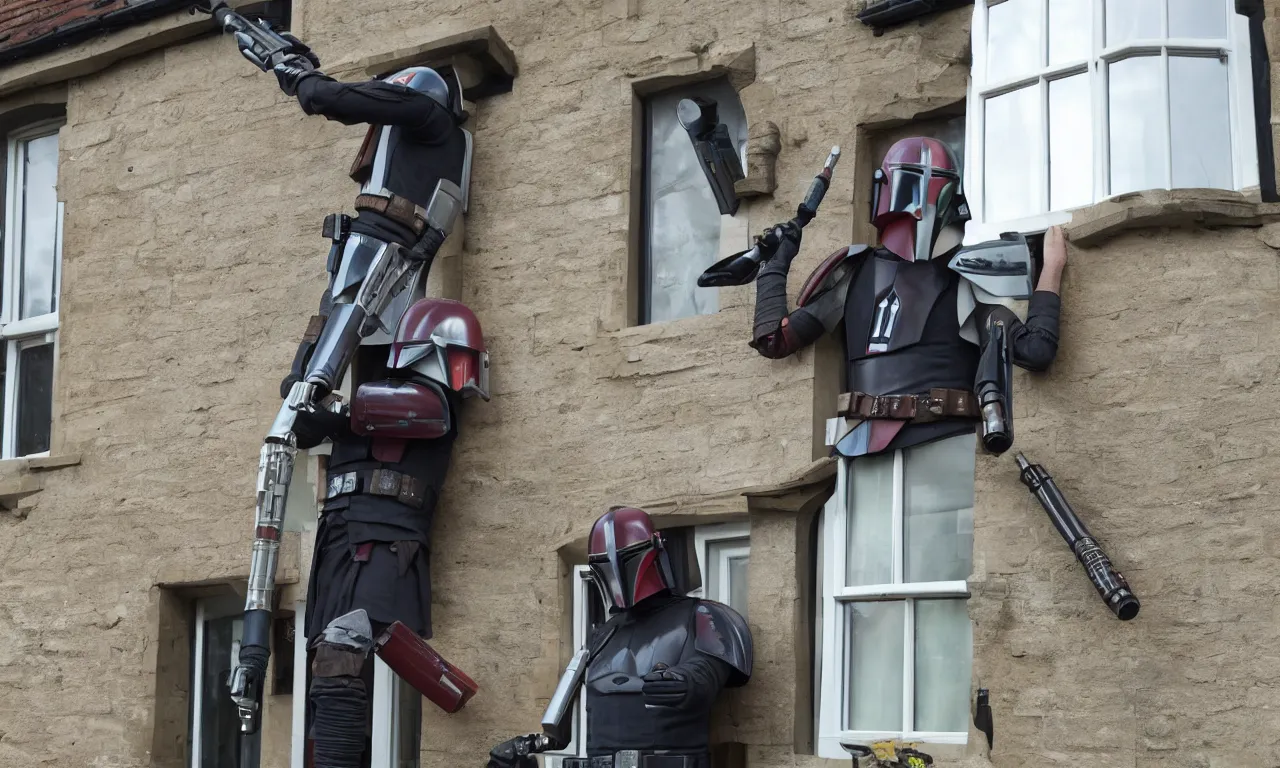 Image similar to one single mandalorian dismantling sash window in England with a lightsaber