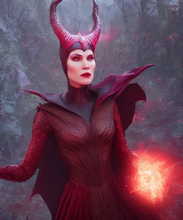 Image similar to scarlet witch as maleficent, nostalgia, very detailed texture, realistic shaded lighting, studio quality, digital art, dynamic background, unreal engine 5 rendered, octane rendered, pinnacle studio, naturel, trending on artstation, art style by nixeu and ian sprigger