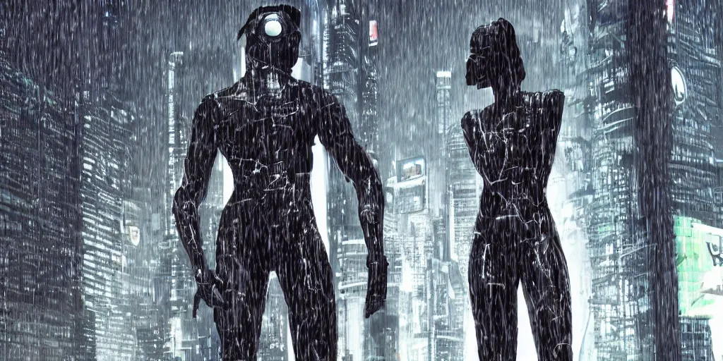 Image similar to cyberpunk statue, rain, space