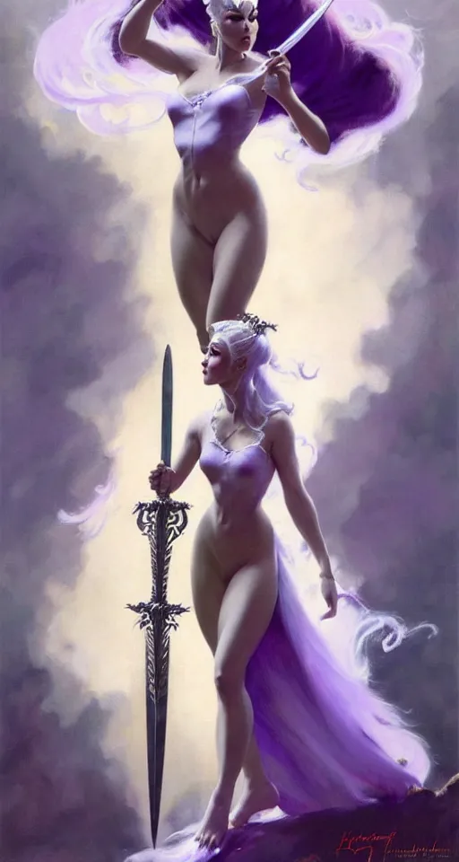 Image similar to frank frazetta painting of queen of hokra, silver white hair, violet long gown, full body, sorceress sword, soft lighting, trending on artstation, by huang guangjian and gil elvgren and sachin teng