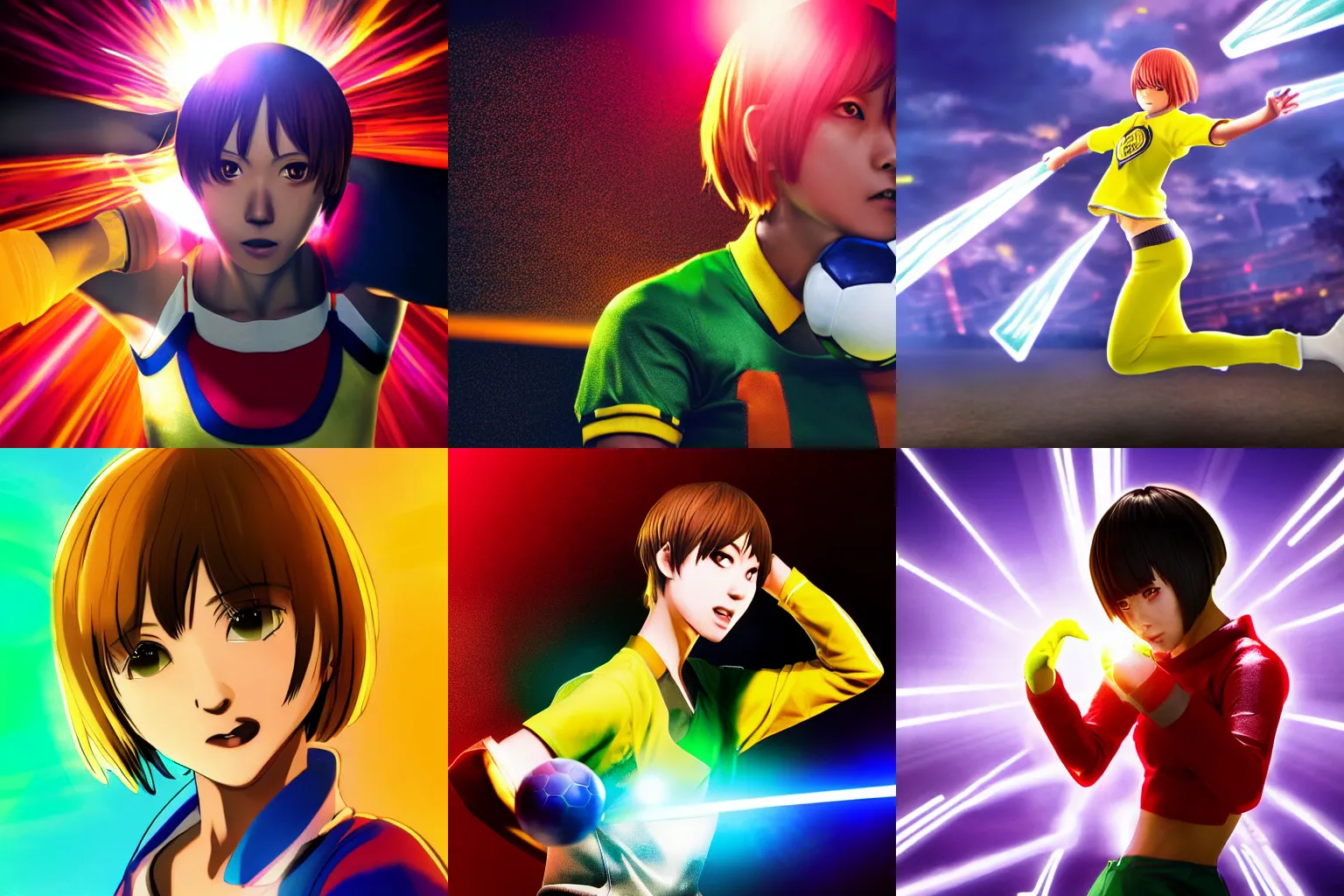 Prompt: photo of realistic human Chie Satonaka from Persona 4 kicking a ball with lips, colorful, dramatic lighting, god rays, lens flare, DSLR photo, 4k, cinematic