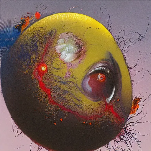 Image similar to a sphere being devoured by abstract splatters of paint in the style of francis bacon, venus being engulfed in flames in the style of james jean, surreal, beksinski, high detailed