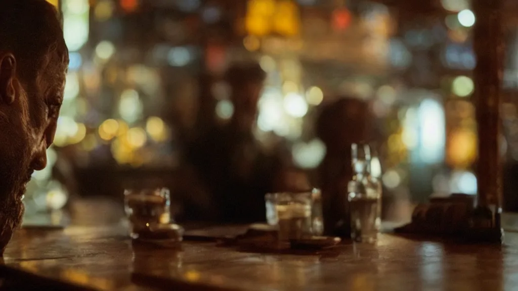 Image similar to a strange creature sits checks their phone at a bar, film still from the movie directed by Denis Villeneuve with art direction by Zdzisław Beksiński, close up, telephoto lens, shallow depth of field