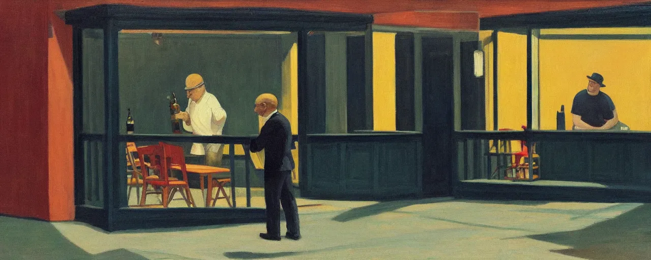 Image similar to a casually-dressed middle-aged man drinking a beer on a patio, picture in the style of Edward Hopper