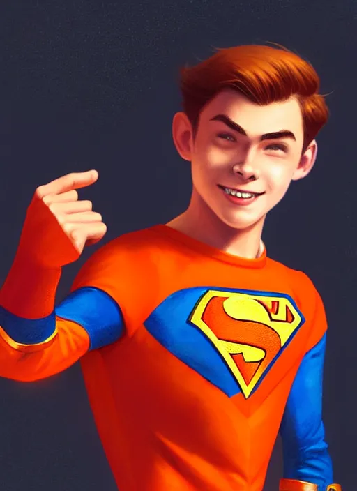 Image similar to kind teenage archie andrews wearing an orange superhero costume, superhero costume with heart emblem, cape, intricate, elegant, glowing lights, highly detailed, digital painting, artstation, sharp focus, illustration, art by wlop, mars ravelo and greg rutkowski