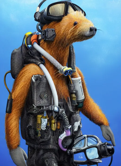 Prompt: detailed full body concept art illustration oil painting of an anthropomorphic capybara scuba-diver in full intricate clothing by Diane Whitehead, biomutant, ultra detailed, digital art, octane render