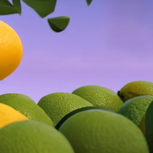 Image similar to a cinematic fill still from a 2022 Pixar movie about anthropomorphic lemons and limes, in the style of Pixar, shallow depth of focus