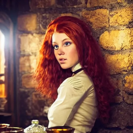 Image similar to beautiful bar maid with auburn hair and green eyes, in a medieval tavern at night, cinematic, filmic