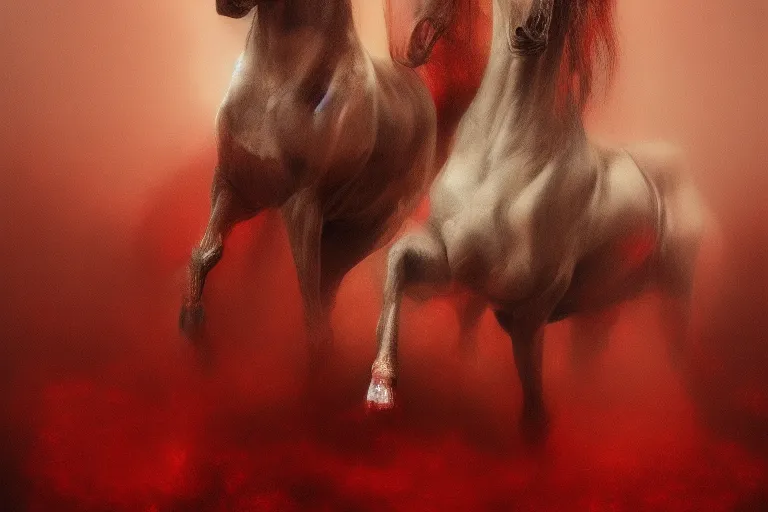 Image similar to a white cyberpunk horses with human heads, in the style of beksinski, intricate and epic composition, red by caravaggio, insanely quality, highly detailed, masterpiece, red light, artstation, 4 k