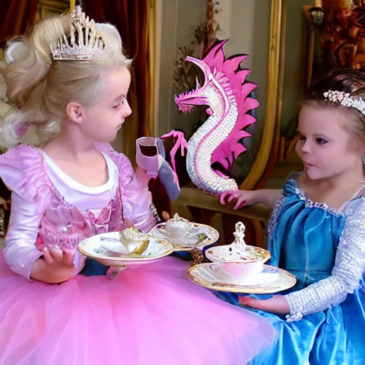 Prompt: A beautiful young little princess and a regal ancient dragon have a tea party