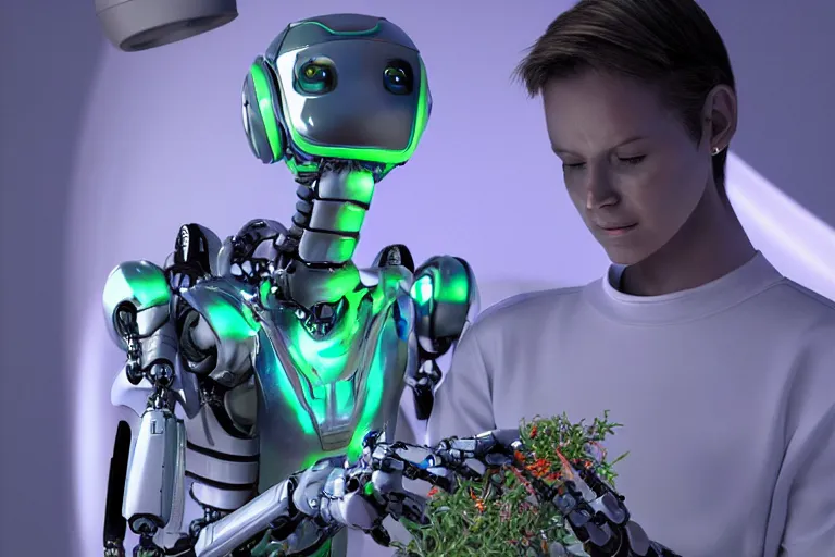 Prompt: androgynoid robot taking care of plants on the spaceship, 8 k, beautiful lighting, shallow depth of field, ultra realistic, hyper - detailed, sci - fi movie style, coherent composition, john harris