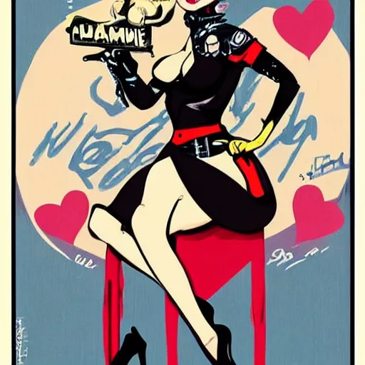 Image similar to pin-up art of warhammer imperial guard woman sitting on a bomb while sending love kisses vintage colours by mcbess