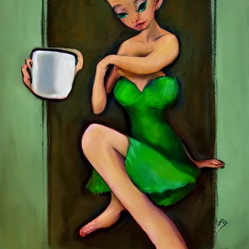 Image similar to Tinkerbell in short green dress with tattered hem, thick heavy eye makeup, bare feet, hungover, coffee cup, stark oil painting by Jasmine Beckett