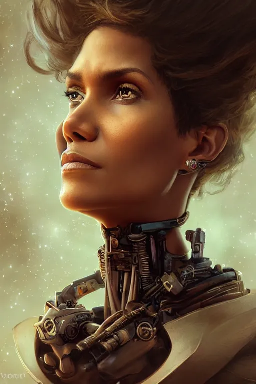 Prompt: portrait oils, beautiful female hybrid cyborg halle berry regal, realistic, refined, detailed, digital art, jessica rossier, michael cheval, esao andrews, steampunk, walt disney, francois boucher, oil painting, highly detailed, cinematic lighting, unreal, natural