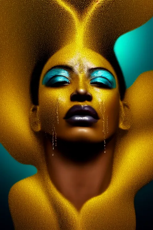 Image similar to hyperrealistic post - dada cinematic very expressive! profile black oshun goddess, emerging from water!!, mirror dripping droplet!, gold flowers, highly detailed face, digital art masterpiece, smooth eric zener cam de leon, dynamic pearlescent teal light, low angle uhd 8 k, sharp focus