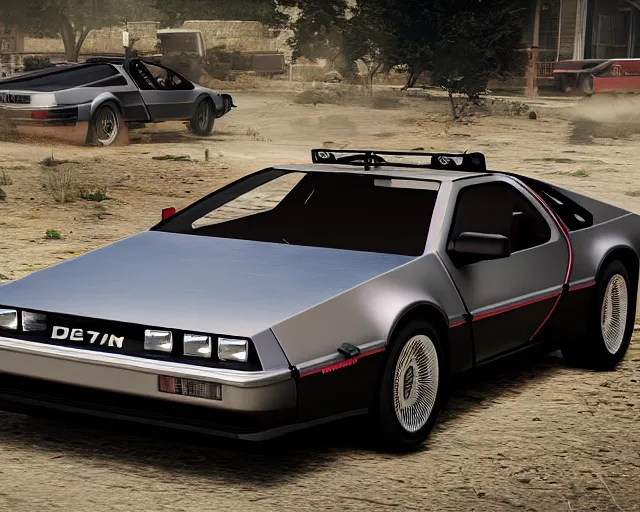 Image similar to updated sleek concept for a delorean, cinematic, photoreal, by red dead redemption 2