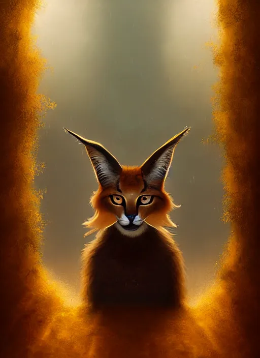 Prompt: surrealistic portrait of cute fluffy anthropomorphic caracal in golden clothes wearing vr in orthodox church, bokeh, foggy, dynamic lighting, darkness, ambients, dramatic, foggy, heavy bokeh and blur, cinematic, depth of field, art by bussiere rutkowski andreas rocha