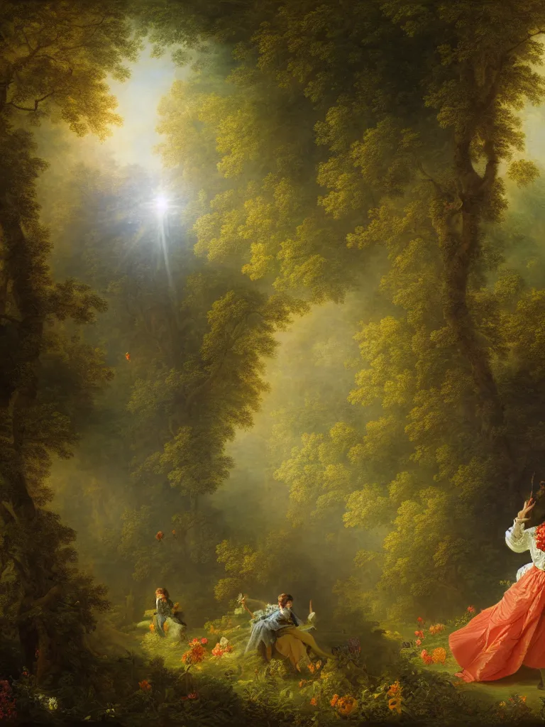 Prompt: painting portrait of michael jackson in a romantic forest, volumetric light, afternoon, light wind, wild flowers, john longstaff, jean - honore fragonard, francois boucher, anna dittmann, 4 k, 4 k