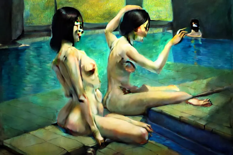 Prompt: Asian girls intertwined in a hallucinatory surreal dream, swimming pool, dark mood, John Singer Sargant, by Bastien Lecouffe-Deharme, Gustav Klimt, Adrian Ghenie Edward Hopper, trending on artstation, 4k, 8k, HD